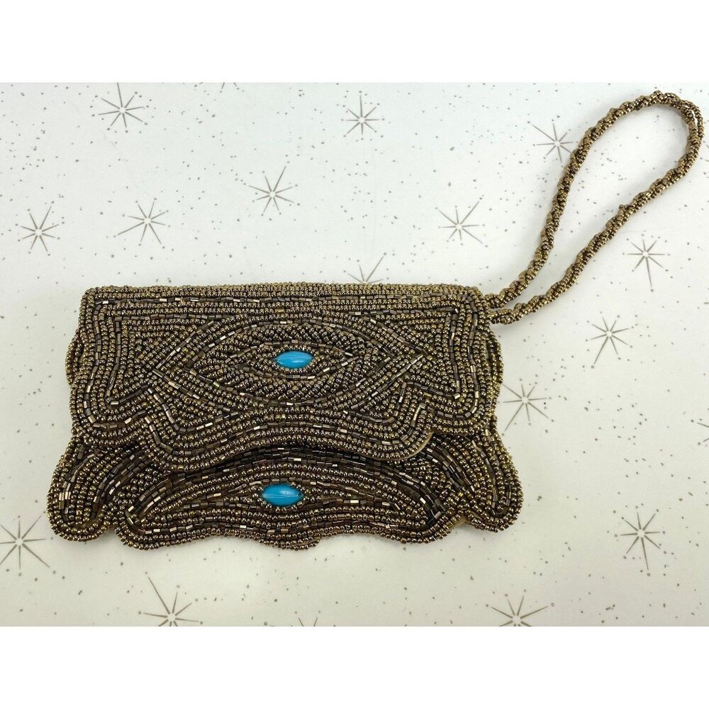Vintage 50s bronze beaded wristlet, small clutch purse, with turquoise inserts